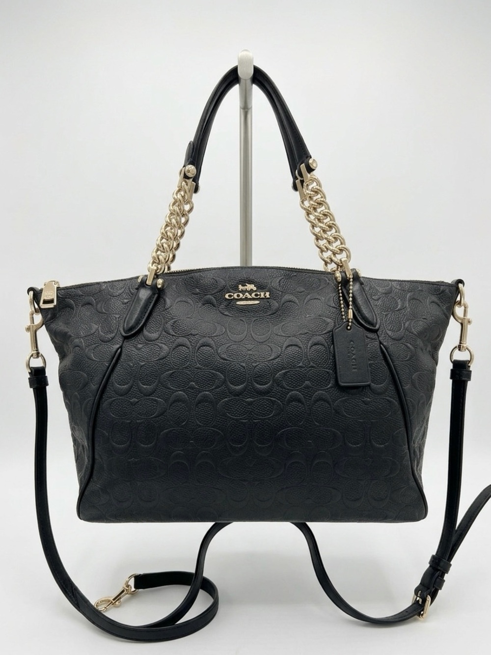 COACH Embossed Signature Black Leather Medium Satchel Bag Gold Chain Crossbody